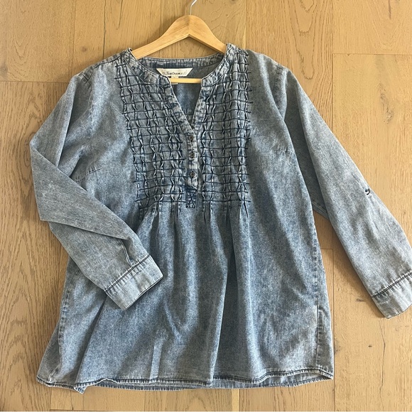 Mineral Wash 100% Cotton Denim Blouse | Pintuck Boho Henley Top XL - Picture 3 of 7